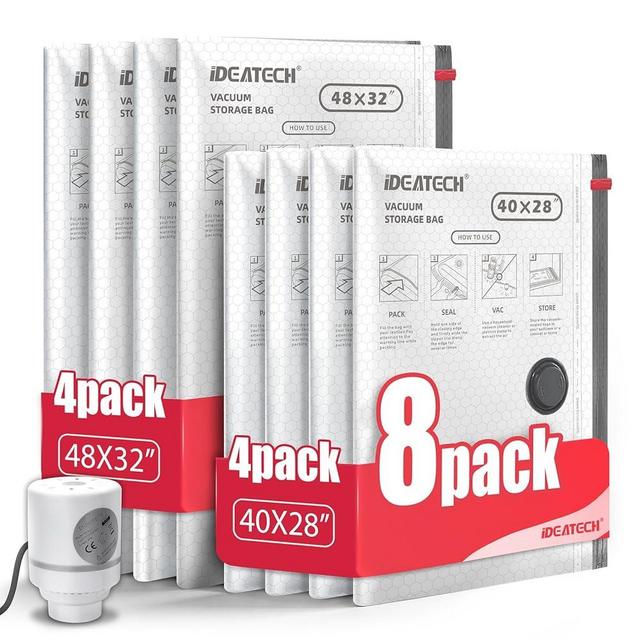 IDEATECH 8Pack Vacuum Storage Bags with Electric Pump, Jumbo Vacuum Seal Bags for Clothing, Bedding & Blankets, Heavy Duty Compression Space Saver with Airtight Seal, Closet & Under Bed Storage-4L+4XL