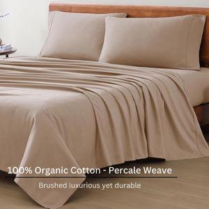 LANE LINEN 100% Organic Cotton Sheets Set Pure Long- Staple Percale Weave - Bedding for Bed Fits Mattress Upto 15" Deep Pocket (Queen Taupe)