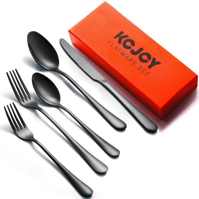 KCJOY Black Silverware Set, Cutlery Set 40 Pieces, Flatware Set for 8, Durable Stainless Steel Heavy Duty Forks and Spoons Silverware, Ergonomic Handle, Dishwasher Safe