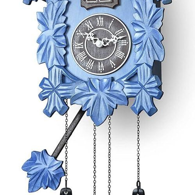 TIMEGEAR Cuckoo Clock with Night Mode, Hand Carved Decorations and Swinging Pendulum (Blue)