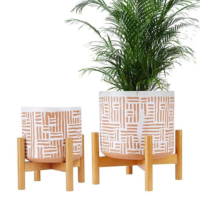 UERMEI Ceramic Plant Pot with Wood Stand - Set of 2 | 8.5 & 7IN Large Planter Indoor | Artistic Pattern Flower Pots Perfect for Gardening | Home Decor Gift | Light Brown and White