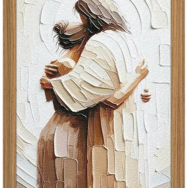 Framed 3D Textured Jesus Embracing Woman Wall Art, Safe in His Arms Pictures Hand Drawn Sandstone Wall Decor, Christian Wall Art Home Decor for Living & Prayer Room 16x24 inch