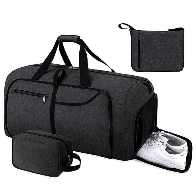 Duffel Bags for Traveling 65L Foldable Overnight Weekender for Men Women Waterproof Sports Duffle Bag with Shoes Compartment and Toiletry Bag, BLACK