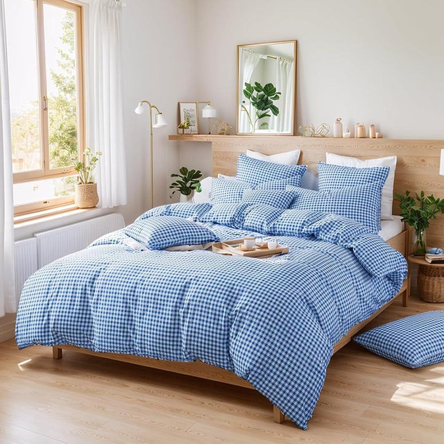 FADFAY Blue Grid Duvet Cover Set 100% Cotton Super Soft Plaid Bedding Reversible Gingham Geometric Checker Bedding Set with Zipper Closure 3Pcs, 1Duvet Cover + 2Pillowcases, King/California King Size