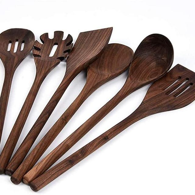 Fiunkes 6 PCS Wooden Kitchen Utensils Set, Black Walnut Wood Long Handle Spoons and Spatula Set for Cooking, Heat Resistant Non-Stick Cookware