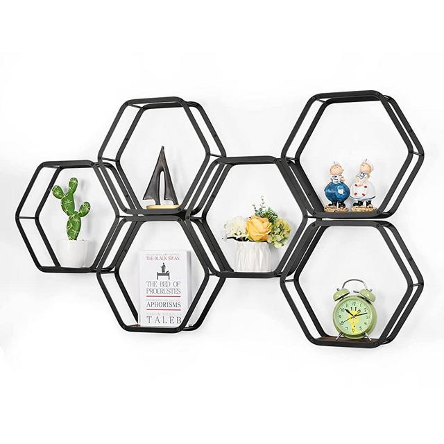 Hexagon Floating Shelves Black Metal Hexagon Shelves Modern Rustic Honeycomb Shelves Set of 6 Geometric Display Shelf for Wall Decor Living Room Bedroom Office Bathroom Kitchen