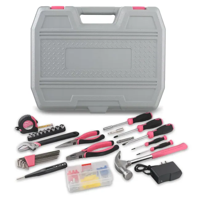 SUGIFT 121-Piece Pink & Black Power Tool Set with 12V Cordless Drill and LED Work Light