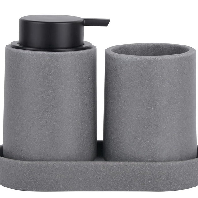 Clasin Home Grey Bathroom Accessories Set, 3 Pcs Resin Bathroom Accessories Complete Set, Sandstone Look Soap Dispenser with Large Pump, Toothbrush Cup, Soap Dish for Modern Home Decor and Kitchen