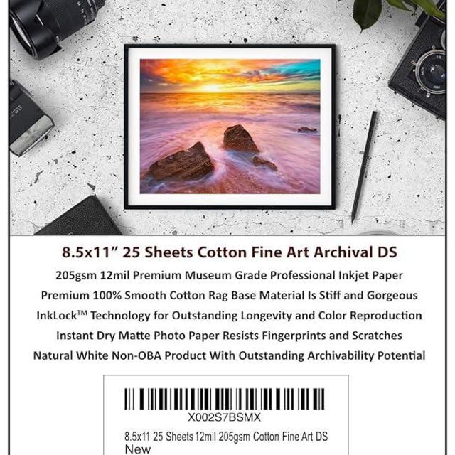 8.5x11 25 Sheets 12mil 205gsm 100% Cotton Fine Art Natural Matte Double Sided Inkjet Paper - Archival Grade Paper for Inkjet Photo Printers - OBA Free Printer Paper