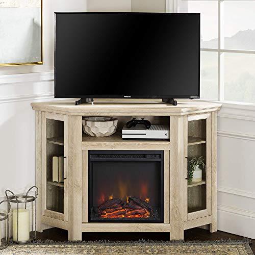 Walker Edison Tall Wood Corner Fireplace Stand for TV's up to 55" Flat Screen Living Room Entertainment Center, 48 Inch, White Oak