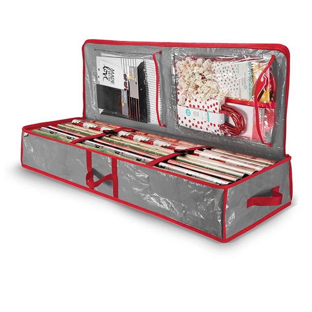 Underbed Gift Wrap Organizer, Interior Pockets, fits 18-24 Standard Rolls, Underbed Storage, Wrapping Paper Storage Box And Holiday Accessories, 40” Long - Tear Proof Fabric