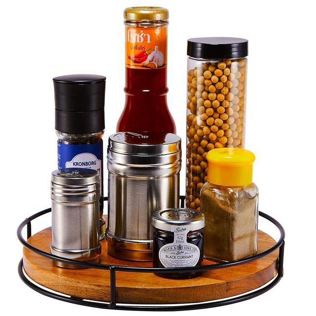 Saebye 9.5" Acacia Wood Lazy Susan, Lazy Susan Organizer for Cabinet, Turntable Organizer with Steel Sides, for Cabinet, Pantry, Table, Spice Rack