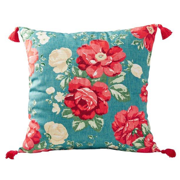 Embroidered Vintage Floral Outdoor Pillow, 20" x 20"