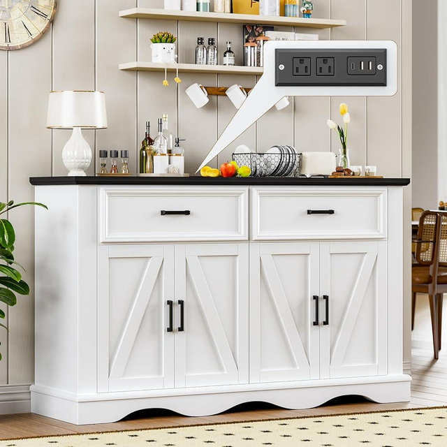 LegacyAmerhome 56" Modern Farmhouse Sideboard Buffet Cabinet with 4 Doors and 2 Drawers, Kitchen Storage Cabinet with Adjustable Shelves, Coffee Bar with Charging Station for Living Room, White
