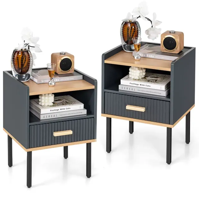 Costway 2 PCS Nightstand Side End Table with Drawer & Open Shelf for Living Room Bedroom