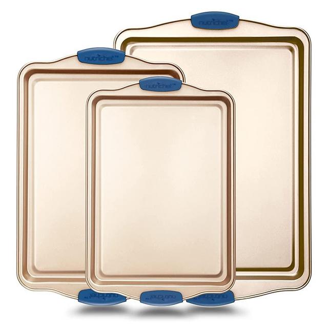 3-Piece Nonstick Bakeware Set - PFOA, PFOS, PTFE-Free Carbon Steel Baking Trays w/ Heatsafe Blue Silicone Handles, Oven Safe Up to 450°F, Small, Medium & Large Cookie Sheet Pans