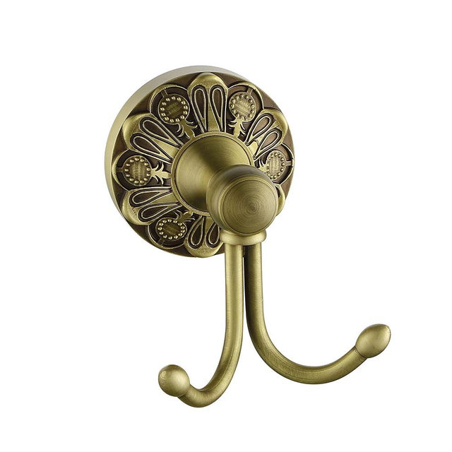Lucyound Antique Brass Towel Hook, Vintage Gold Bathroom Double Hook for Robe & Loofah, Multipurpose Heavy Duty Wall Hook for Indoor and Outdoor, Solid Brass Home Decor Hardware Accessories