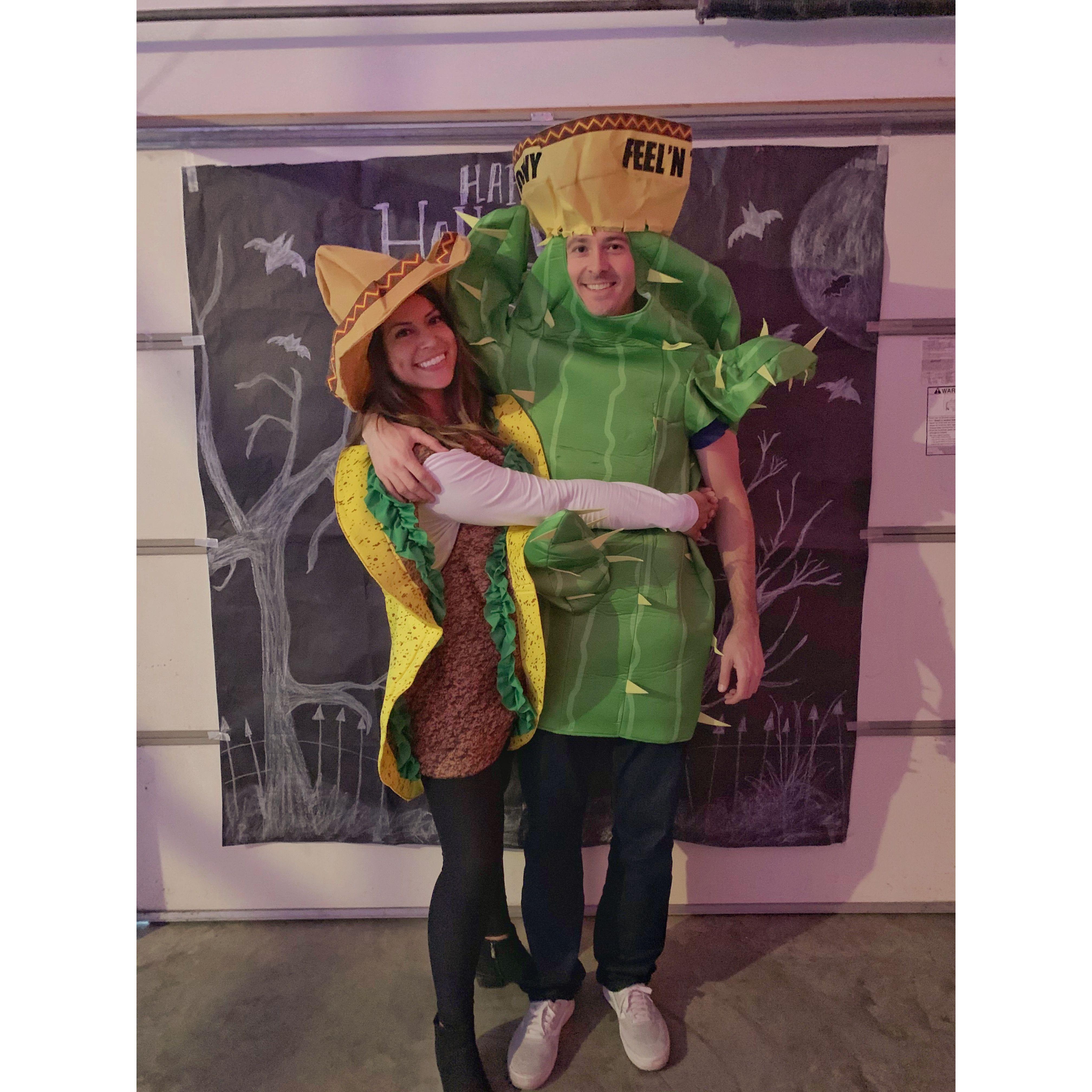 First halloween - Ed's sombrero says "Feeling Thorny" and Erika is a Spicy Taco