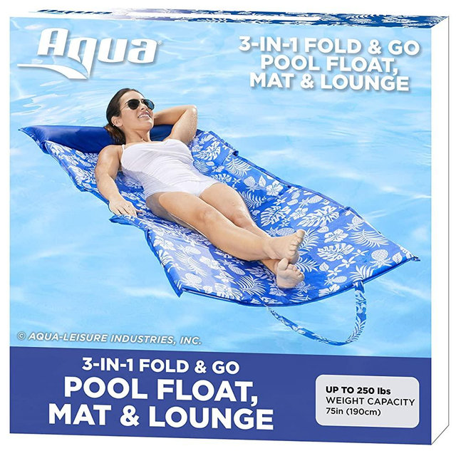 Aqua LEISURE 3-in-1 Foldable Pool Float Mat, Padded Mat for Beach-Land-Water, Inflatable Pool Float, Fold-Up Mat with Carry Strap, Blue Pineapple Hibiscus (AZL20345)
