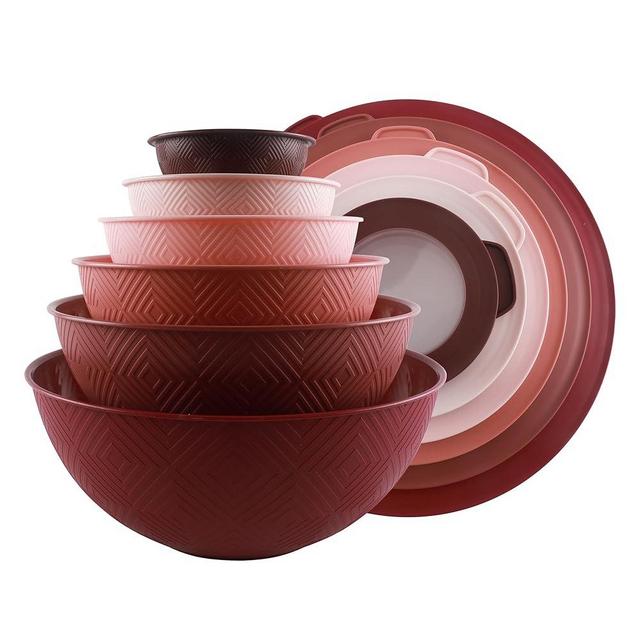 COOK WITH COLOR Mixing Bowls with Lids - 12 Piece Plastic Nesting Bowls Set includes 6 Prep Bowls and 6 Lids, Non Slip Bottom and Rhombus Design - Microwave Safe (Rose)