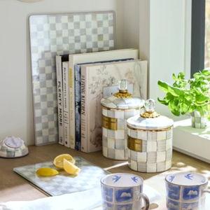 MACKENZIE-CHILDS Set of 2 Tempered Glass Cutting Boards, Countertop Cutting Boards, Gray-and-White Sterling Check