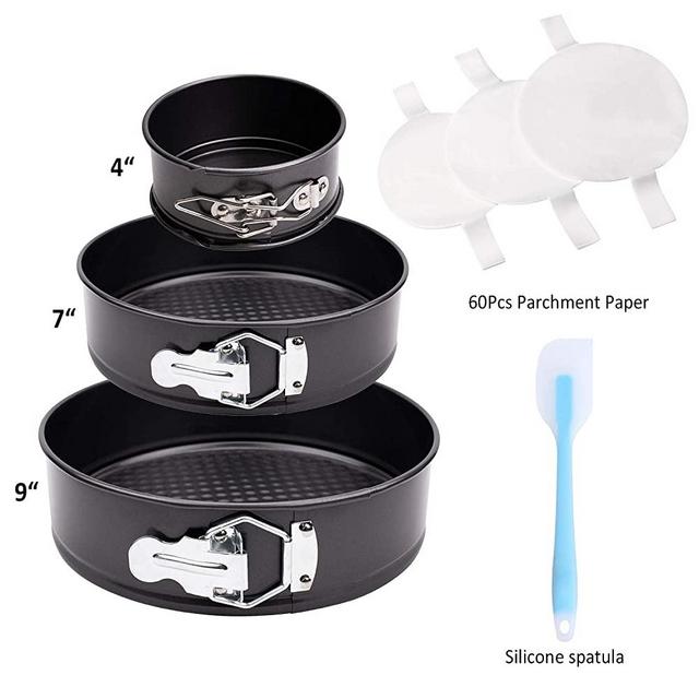 Springform Pan Set, 3 Pcs (4"/7"/9") Non-stick Detachable Springform Cake Pan with Silicone Spatula and 60 Pcs Parchment Paper Liners