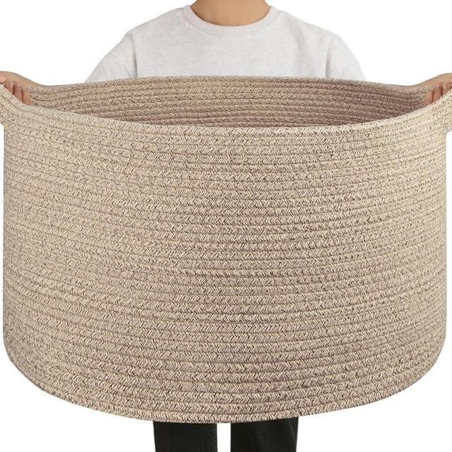 OIAHOMY 90L Large Blanket Basket with Handle, Blanket Storage for Living Room 23" x 23" x 13", Laundry Basket for Blankets, Pillows, Large Woven Rope Baskets for Kids, Dogs Toys - Brown