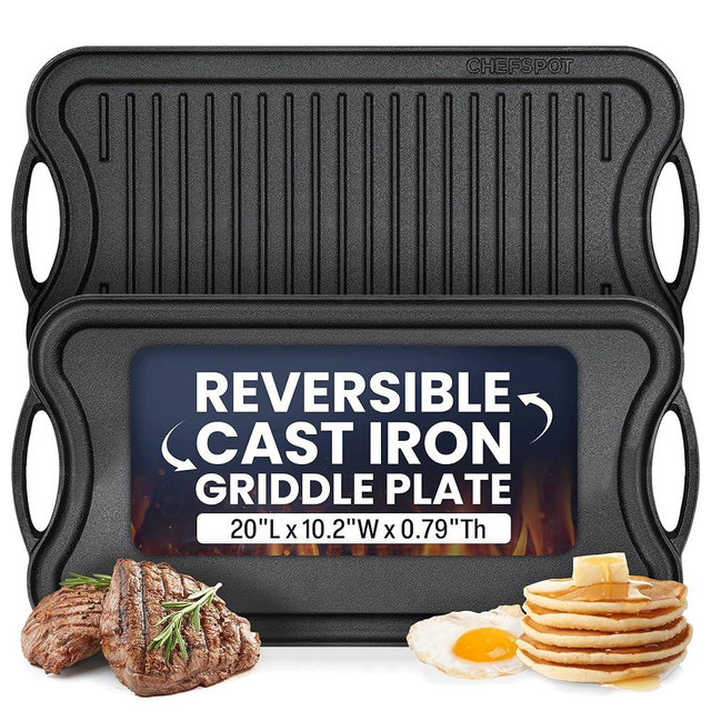 CHEFSPOT Griddle Pan for Stove Top – 20" Reversible Cast Iron Double Burner Griddle Plate, Multi-Use Preseasoned Pancake Pan with Handles - Works on most Stovetops, Grills, and Fire