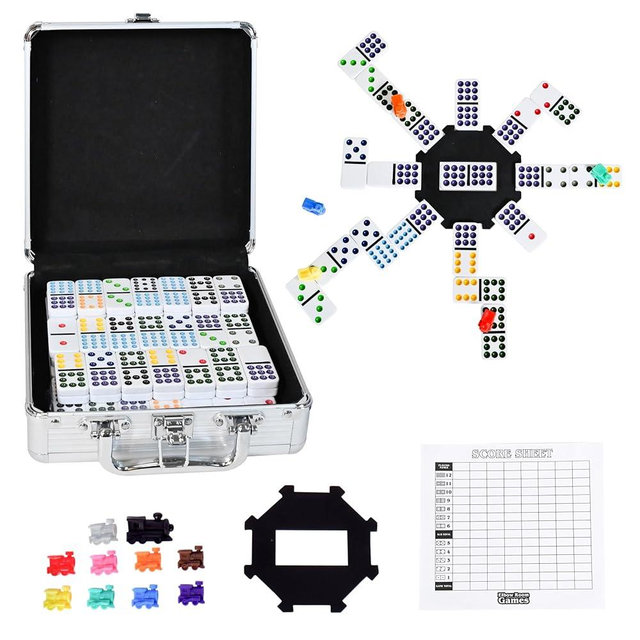 Sunny Days Entertainment Elbow Room Games Mexican Train Dominoes Set – Double 12 Color Dot Dominos Game with Tin Case & Hub for Family Fun