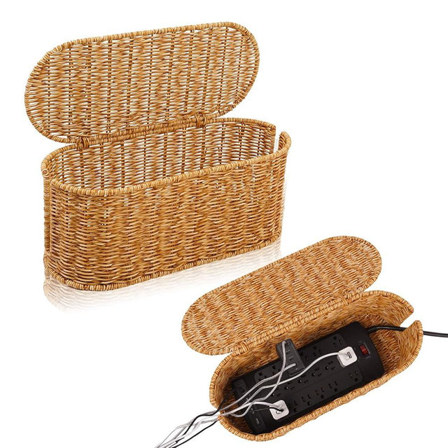 Cable Management Box, Handmade Rattan Cable Organizer, 2 Open Slots Cords Hider Box, Under Desk Cord Organizer for Computer Router USB Hub & Power Strip, Patent Pending, 15.9" x 6.5" x 6.5", Natural