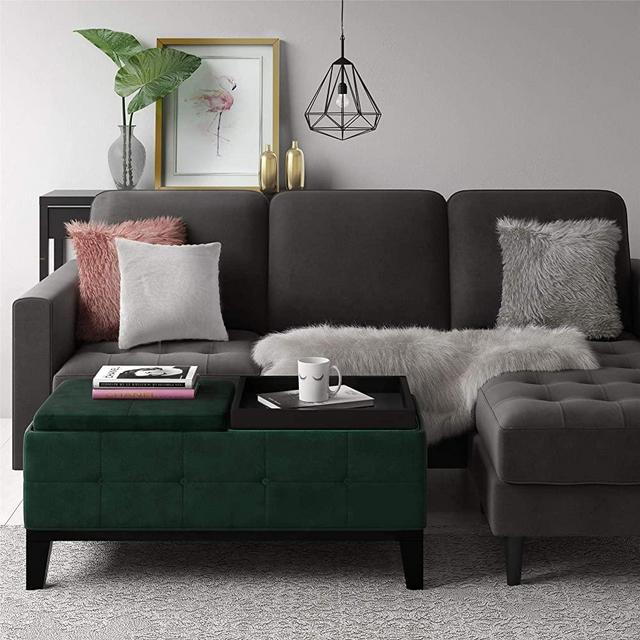 CosmoLiving by Cosmopolitan Diego Green Velvet Fabric Storage Ottoman with Removable Serving Trays