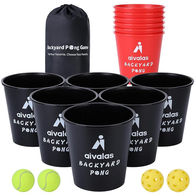 Aivalas Backyards Pong Games, Giant Yard Pong Bucket Game Set with 12 Buckets, 4 Balls and a Carry Bag, Toss Game for Family and Friends (Red/Black)