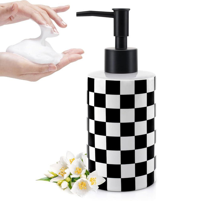 Soap Dispenser with Matte Black Pump, Ceramic Soap Dispenser Bathroom, Checkerboard Dish Soap Lotion Dispenser for Kitchen Sink, Black & White Plaid Refillable Liquid Hand Soap Bottle