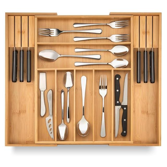 PURAWOOD - Large Premium Bamboo Silverware Organizer with Knife Blocks - Expandable Kitchen Drawer Organizer & Utensil Organizer, Cutlery Tray with Drawer Dividers for Kitchen Utensils & Flatware (7-9 Slots) (Natural)