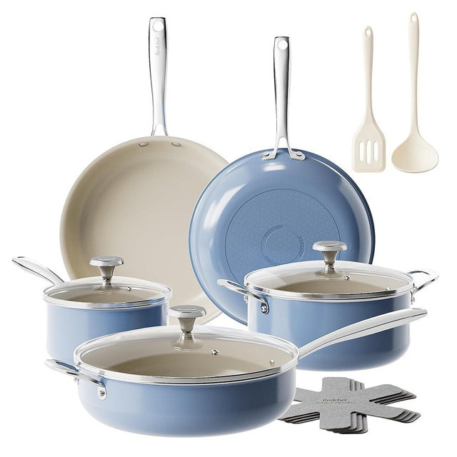 Redchef Ceramic Nonstick Cookware Set,14pcs Pots and Pans Set Non Stick,Induction Cookware with Stainless Steel Handle,Non Toxic Kitchen Cooking Set,Dishwasher & Oven Safe,PFAS PFOA & PTFE Free（Blue）