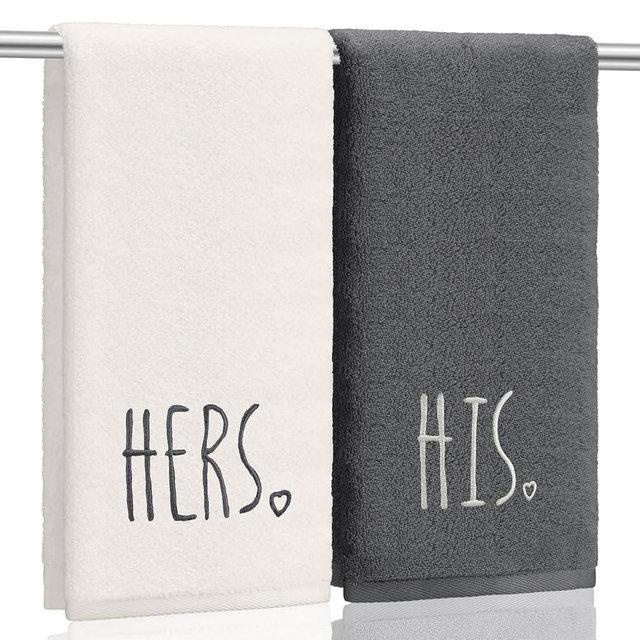 Tingjoo 2 Pcs His and Hers Hand Towels 100% Cotton Embroidered Bathroom Towel Wedding Gift for Couple, Anniversary Bathroom Decor 29 x 13 Inch
