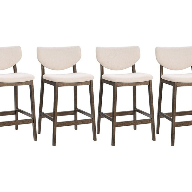 PrimeZone Counter Height Barstools Set of 4-26 Inch Upholstered Kitchen Bar Stools with Back & Rubber Wood Legs, Mid-Century Modern Island Chair for Kitchen, Dining Room, Walnut & Beige