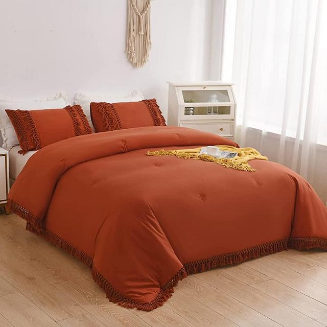 CozyTide Burnt Orange Comforter Set King Size, 100% Cotton Terracotta Bedding Set, Boho Style Soft and Lightweight 3 PCS Tassel Bed Set with 1 Comforter+2 Pillow Sham