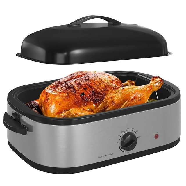 14 Quart Electric Roaster Oven, Turkey Roaster Oven with Self-Basting Lid, Stainless Steel Roaster Pan, Silver