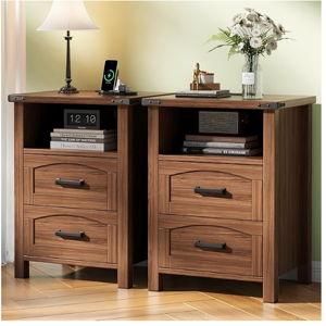 Decofy Farmhouse Nightstand Set of 2 with Charging Station, 18'' Wide Rustic End Table with USB/Type-C Ports, 2 Drawers & Open Shelf, Wood Bedside Table for Bedroom, Walnut