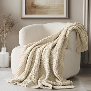 EVERGRACEHOME Chunky Chenille Knit Throw Blanket Beige, 50" x 60"