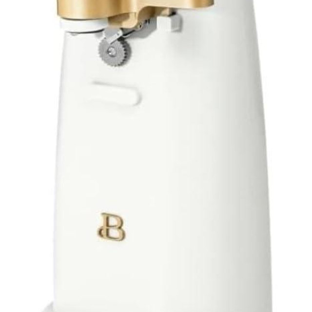 Easy-Prep Electric Can Opener by Drew Barrymore – One-Touch Auto Operation, Knife Sharpener, Bottle Opener, Stainless Steel Blade, No-Tilt Design, Powerful 70-Watts Motor (White Icing)