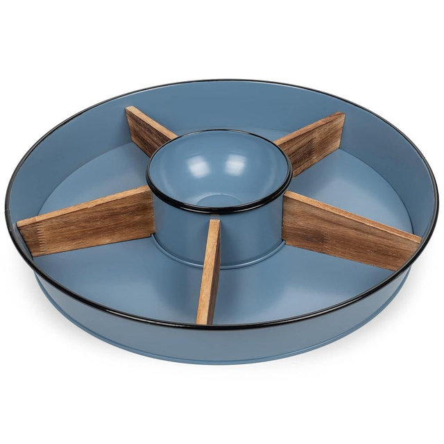 NAT & Jules Wood Partitions Matte Blue 16 inch Metal Enamel Divided Chip and Dip Tray
