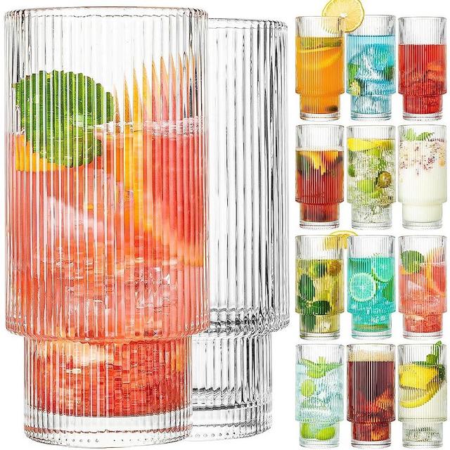 wookgreat Drinking Glasses, 16oz Origami Style Glass Cups with straw, 12 pcs Highball Glasses, Elegant Ripple Vintage Glassware, Ribbed Glasses, Iced Coffee Glasses Ideal for Cocktail Whiskey, Juice