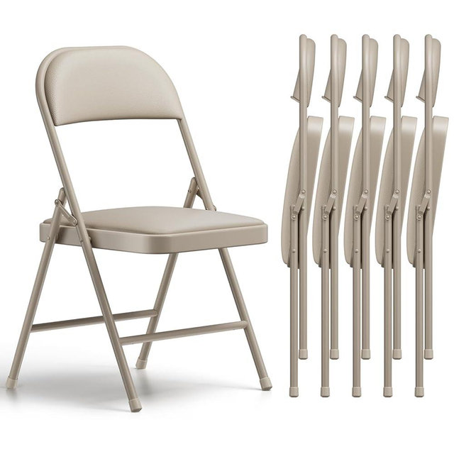 Folding Chairs 6 Pack, PU Leather Padded Folding Chairs for Outside and Indoor, Heavy Duty Portable Foldable Metal Commercial Seat for Home Office, Dorm, Party, Backyard, Lawn, Patio, Khaki