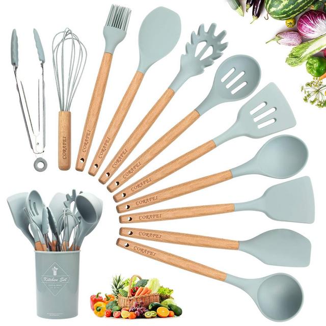 CORAFEI Silicone Cooking Kitchen 11 PCS Acacia Wooden Utensils Tool for Nonstick Cookware,BPA Free, Non Toxic Turner Tongs Spatula Spoon Set with Holder