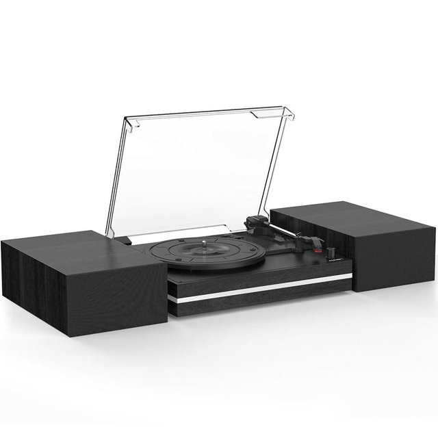 Vinyl Record Player with Dual Separate Stereo Speakers Vintage Turntable with BT Wireless Input Playback Belt Drive 3 Speed 3 Size Playback Record Player Support AUX Headphone Input RCA Out Auto Stop