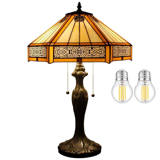 WERFACTORY Tiffany Table Lamp Yellow Hexagon Stained Glass Bedside Lamp Mission 16X16X24 Inches Desk Reading Light Metal Base Decor Bedroom Living Room Home Office S011 Series