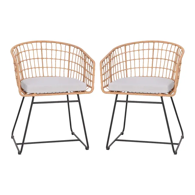 Emma and Oliver Set of Two Boho All-Weather Natural Faux Rattan Rope Chairs with Padded Light Gray Cushions for Indoor and Outdoor Use
