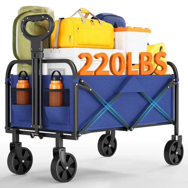 Foldable Utility Carts Wagon - 380LBS Capacity with All-Terrain Wheels, Drink Holders & Adjustable Handle for Camping/Shopping, Blue